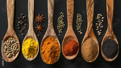 Assorted Spices on Wooden Spoons Laid Out on Dark Background, Kitchen Ingredients Display, Versatile Cooking Spices, Culinary Concept Image. AI