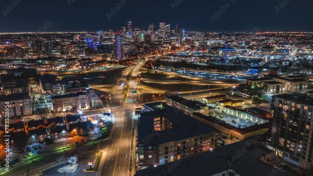 Flying toward the city skyline at night, aerial hyperlapse, Denver, Colorado, 4K Flying toward the city skyline at night, aerial hyperlapse, Denver, Colorado, 4K