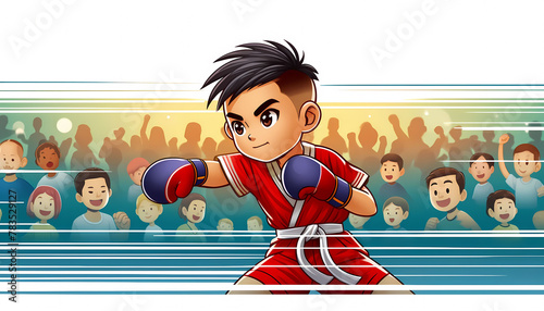 Dynamic Kick-Boxing Boy in Action: Cartoon Banner of Young Fighter Training at Sports Championship