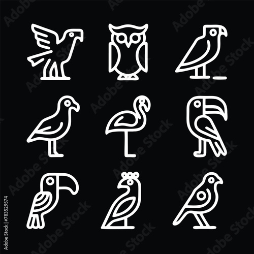 A set of nine icon illustration of a unique bird concept. eagle, owl, crow, pigeon, flamingo, macaw, toucan, peacock, canary. Set collection of animals Icons. Simple line art style icons pack photo