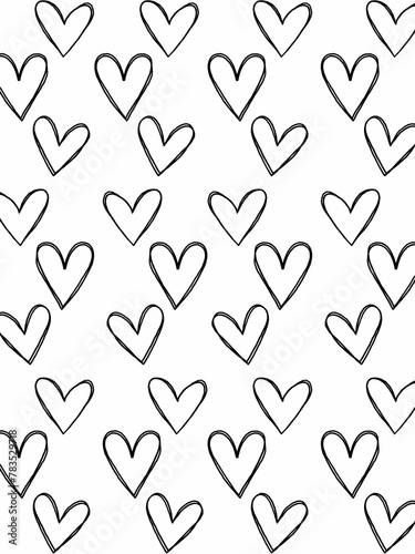 Black heart on white background. Seamless pattern with abstract hearts. Hand drawn ink print for fabric, textiles, wrapping paper. Vector illustration