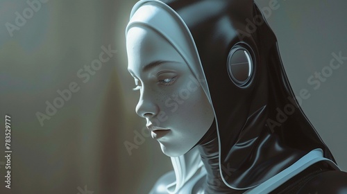 Contemplative nun with futuristic headphones in a monochromatic light setting, evoking introspection. photo