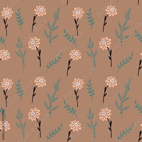 Floral chamomile pattern with plants. Hand Drawn Brown Vector Background.