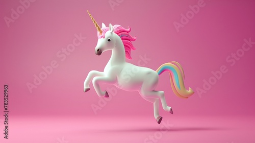 Dynamic white unicorn in mid-gallop with rainbow mane on pink backdrop expressing freedom.