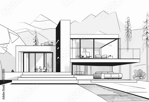 Drawing of a beautiful modern private house in line art style.