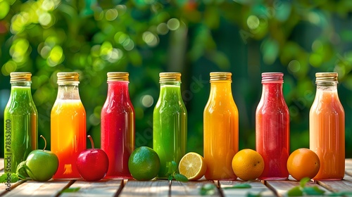 Colorful line of fresh fruit juices in glass bottles, outdoor setting. Vibrant health, natural refreshment on a sunny day. Summer fruit beverage display. AI