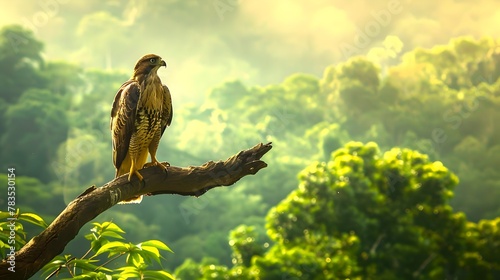 Majestic hawk perched on a tree branch amidst lush greenery. A serene wildlife moment captured. Perfect for nature themes and outdoor inspiration. AI