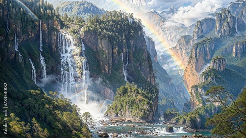 Multiple rainbows and waterfall