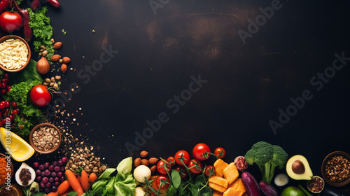 Top view of Vegetables set and spices for cooking on dark background Fresh vegetables on black background Variety of raw vegetables for copy text mockup 