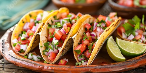 Mexican tacos, vibrant salsa, close shot, lime wedge, rustic plate, bright outdoor light 