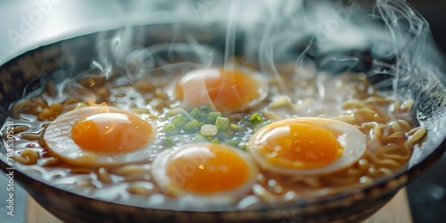 Japanese ramen bowl, soft boiled egg, close-up, steam rising, rich broth, dim kitchen light 