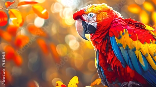 Vibrant Scarlet Macaw Parrot in Golden Hour Light, Perfect for Nature-Themed Designs and Wildlife Illustrations. AI