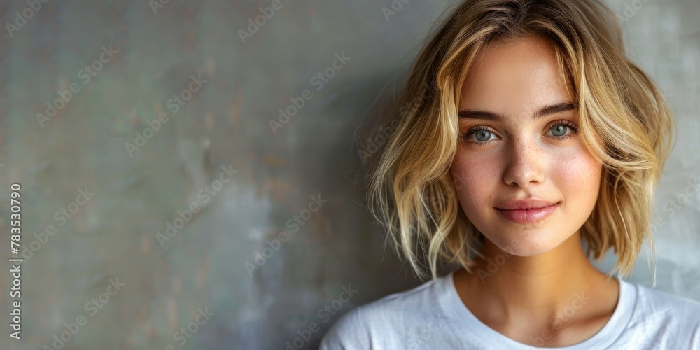 Beautiful smiling young blonde caucasian woman, isolated on neutral background. Close up portrait of face. Horizontal Web Banner Style. Generative AI.
Beautiful smiling young blonde caucasian woman, isolated on neutral background. Close up portrait of face. Horizontal Web Banner Style. Generative AI.