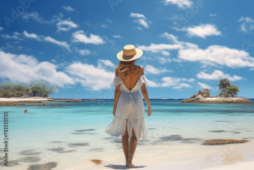 Woman in White Dress and Hat Walking on Beach. Generative AI