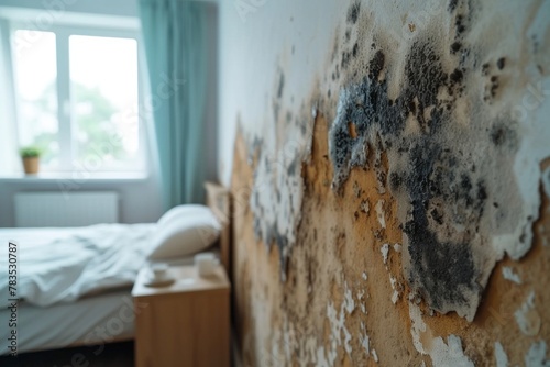 Moldy walls and bed in bedroom. Generative AI