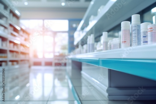 Row of Shelves Filled With Bottles in a Pharmacy. Generative AI