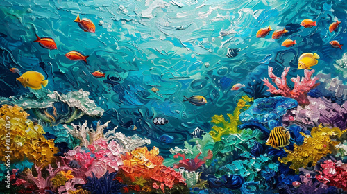 Capture the vivid hues and bustling marine life of a coral reef submerged in a turquoise ocean. © Azazul