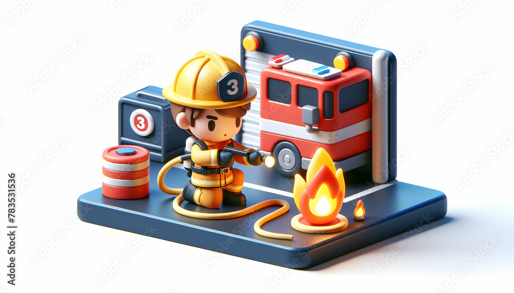 Realistic 3D Icon of Firefighter Training with Live Fire in Natural Daily Work Environment and Routine - Isolated on White Background