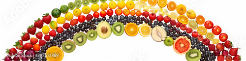 Panoramic fruit and vegetable rainbow arrangement, showcasing a spectrum from green to red, promoting healthy eating and nutritional variety. 