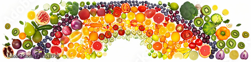 Panoramic fruit and vegetable rainbow arrangement  showcasing a spectrum from green to red  promoting healthy eating and nutritional variety. 