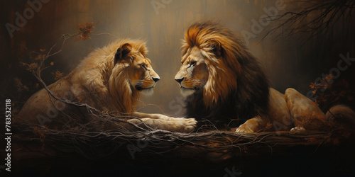 Lion v/s king lion fighting Lion couple in love Portrait of a male and female lion Lions are fighting in the sun with each other photo