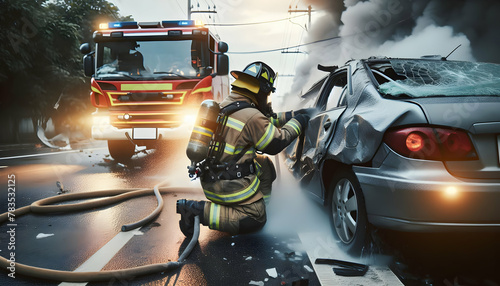 Realistic Photo of Firefighter Responding to a Car Accident in Everyday Work Environment and Routine photo