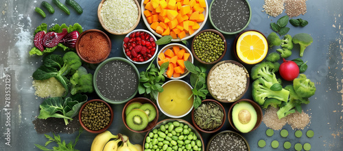A diverse array of healthy foods neatly organized in bowls; includes vegetables, grains, fruits, and legumes on a light, textured surface. 