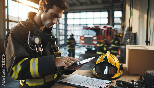 Firefighter Examining Emergency Plans in Candid Working Environment