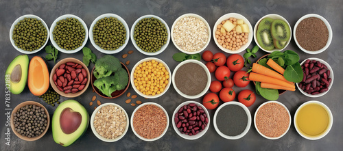 An array of healthy foods including fruits  legumes  grains  and vegetables laid out in a flat lay style on a grey surface  symbolizing a balanced diet. 