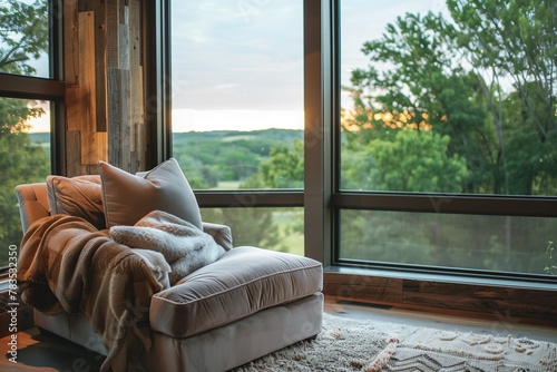 A cozy corner nook with floor-to-ceiling windows  a plush armchair  and a view.