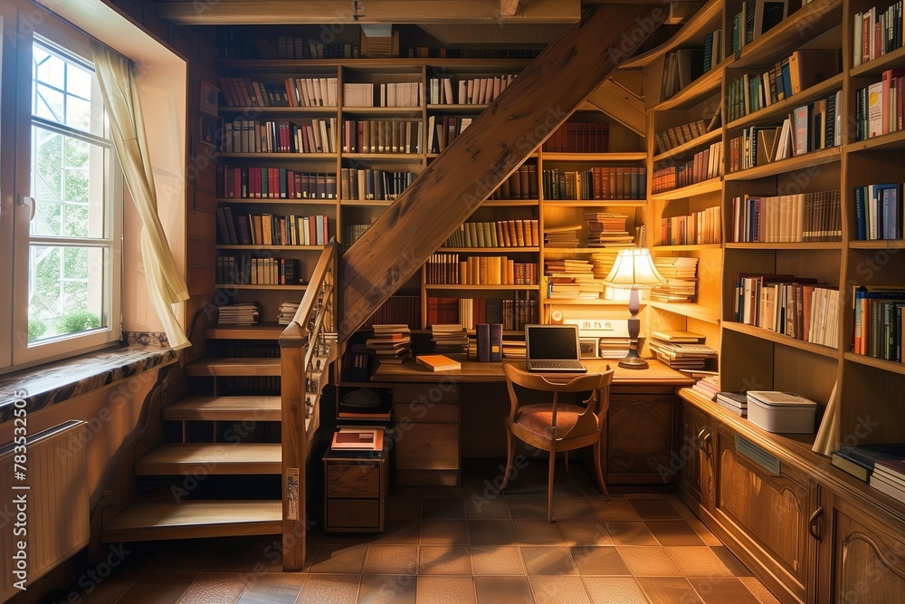 A cozy study nook tucked under a staircase with built-in bookshelves.