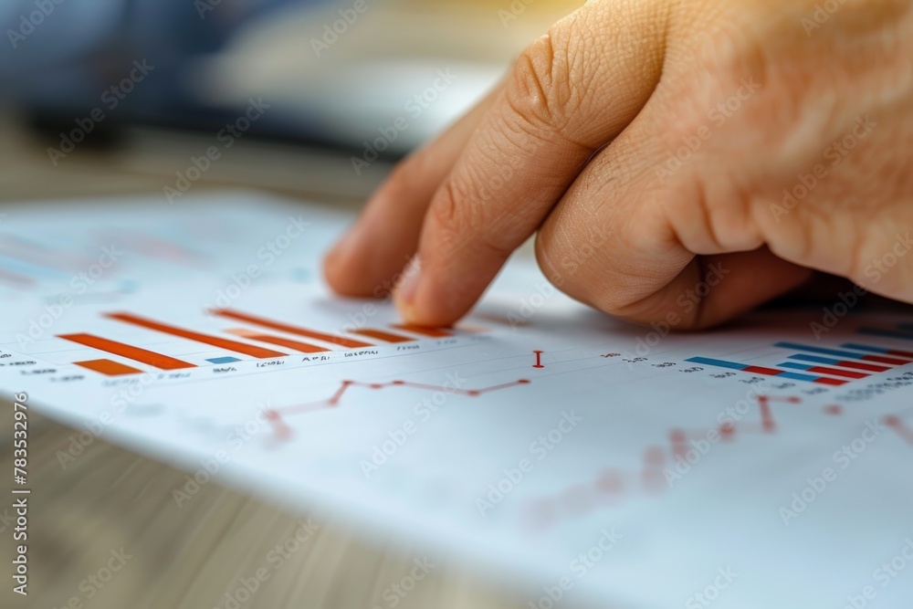 Close-up on a hand with a finger extended towards a sharp decline in a line graph, pinpointing specifics in financial report, evoking focused scrutiny and business strategy planning. Close-up on a hand with a finger extended towards a sharp decline in a line graph, pinpointing specifics in financial report, evoking focused scrutiny and business strategy planning.