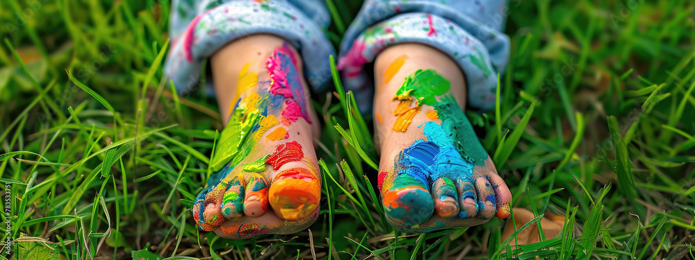 children's painted feet in nature