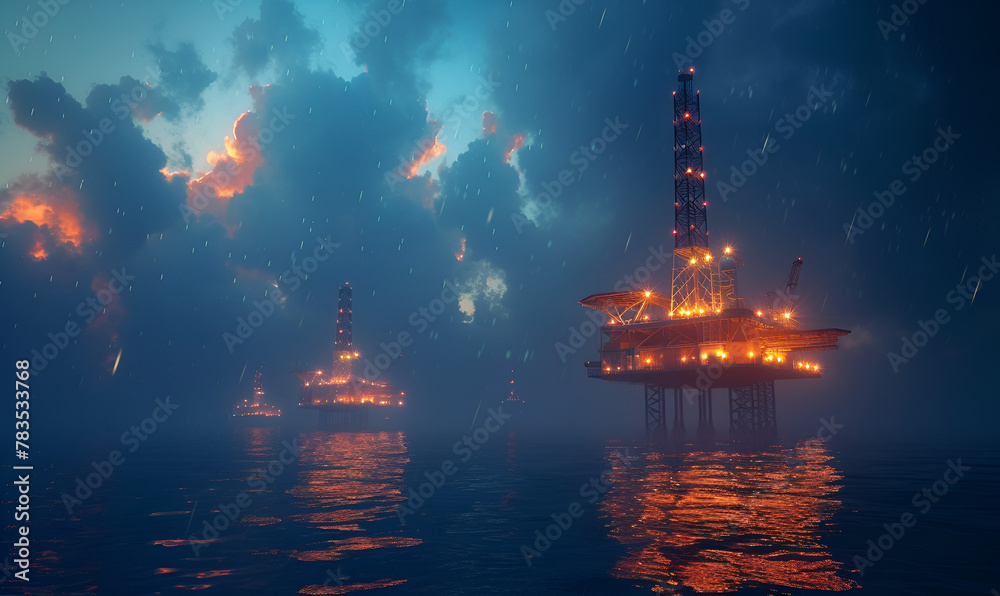 Oil Drilling Derricks at Sea Oilfield