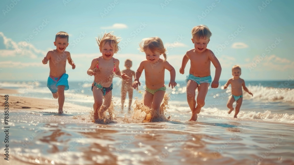 Exuberant kids excitedly running toward the camera in shallow sea waters, epitomizing summer joy and the spirit of vacation