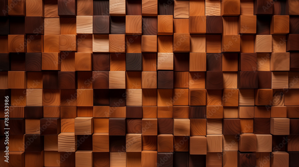 A highly detailed closeup of a hardwood wall featuring small rectangular wooden squares. Tints and shades of brown create a unique art patterns A highly detailed closeup of a hardwood wall featuring small rectangular wooden squares. Tints and shades of brown create a unique art patterns