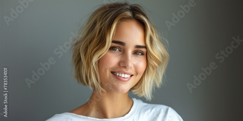Beautiful smiling young blonde caucasian woman, isolated on neutral background. Close up portrait of face. Horizontal Web Banner Style. Generative AI. 