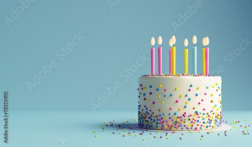 Colorful birthday cake with candles and decorations, high quality shot, created with AI