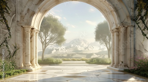A breathtaking marble archway framing a picturesque view of nature's beauty.