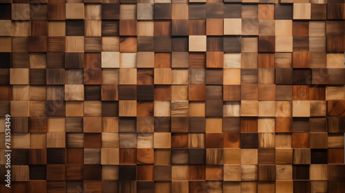 A highly detailed closeup of a hardwood wall featuring small rectangular wooden squares. Tints and shades of brown create a unique art patterns