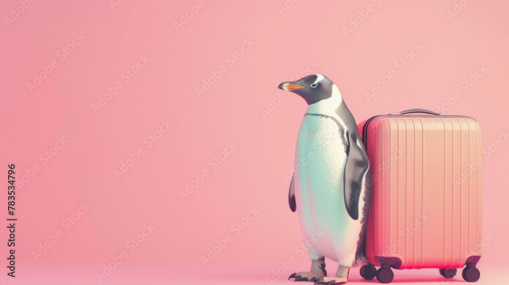 Obraz premium A quirky image showing a penguin ready for a summer vacation, standing confidently with a pink suitcase against a pink backdrop