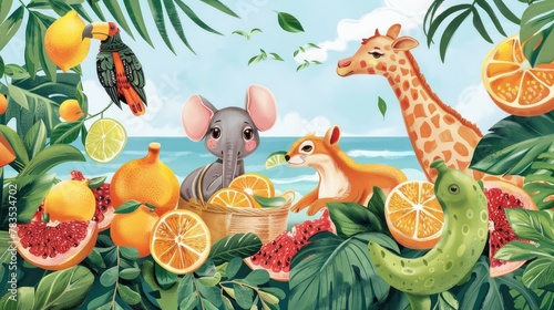 A childrens book illustration of animals having a picnic with various citrus fruits © AI Farm