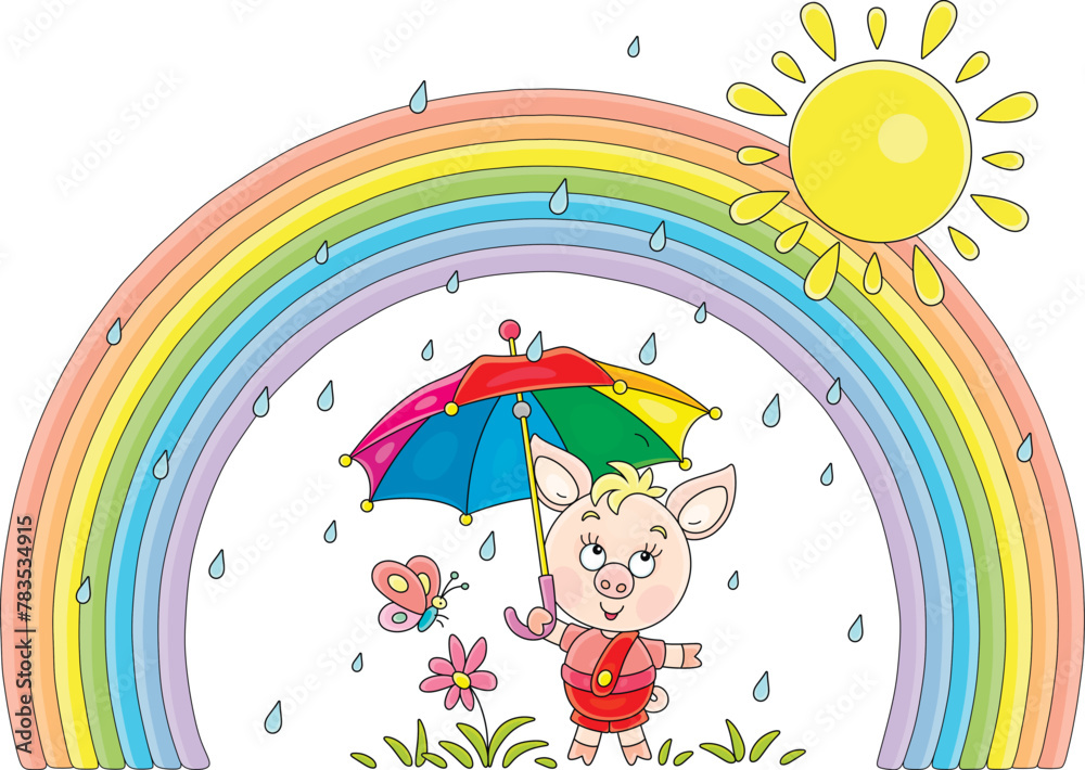 Little piglet with a small butterfly hiding under a striped umbrella from summer rain and looking at a colorful beautiful rainbow in the sunny sky, vector cartoon illustration on a white background Little piglet with a small butterfly hiding under a striped umbrella from summer rain and looking at a colorful beautiful rainbow in the sunny sky, vector cartoon illustration on a white background