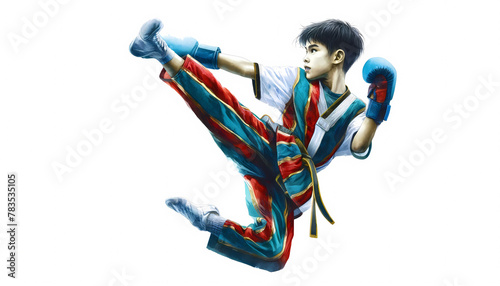 A young boy in kick-boxing attire executing a high kick - a watercolor illustration