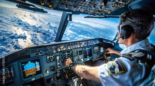 A pilots steady hands and confident gaze are captured midflight with the sprawling blue ocean extending beneath them a reminder of the vast distances they conquer in their adventurous . photo
