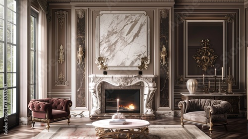 A regal marble fireplace, intricately detailed, adding warmth and sophistication to space. photo