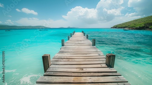 Tranquil wooden pier extending into turquoise waters. AI Generative.