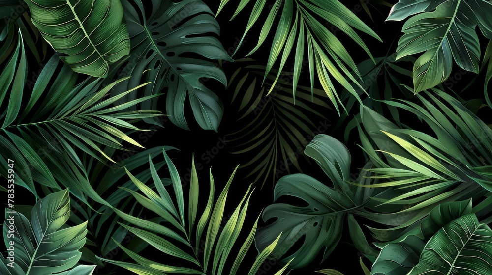 A lush depiction of tropical leaves in shades of green evoking the warmth and vitality of summer in a dense jungle setting - obrazy, fototapety, plakaty 