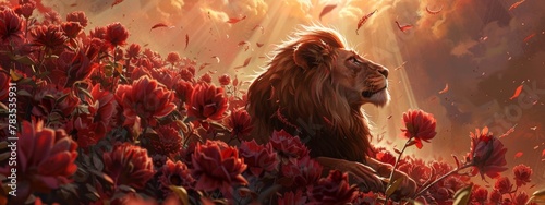 This image captures a regal lion surrounded by blooming red flowers, symbolizing the fierce beauty of wildlife during summer photo