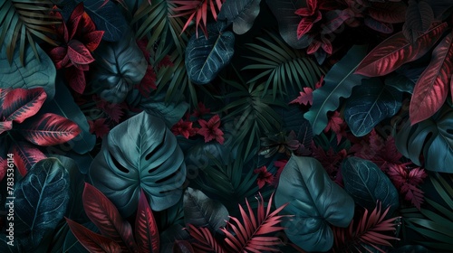 This image showcases a rich tapestry of crimson and green leaves  creating a cool yet exotic feel for the summer